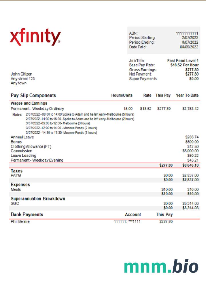 USA Xfinity broadasting company pay stub